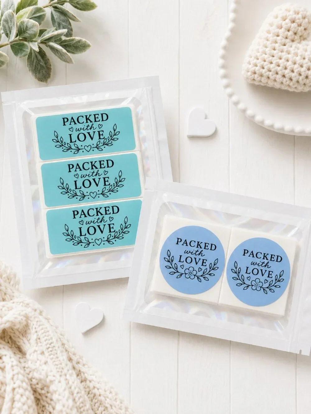 200 Blue Packed with Love Stickers, 100 Round and 100 Rectangle, Boutique Shop